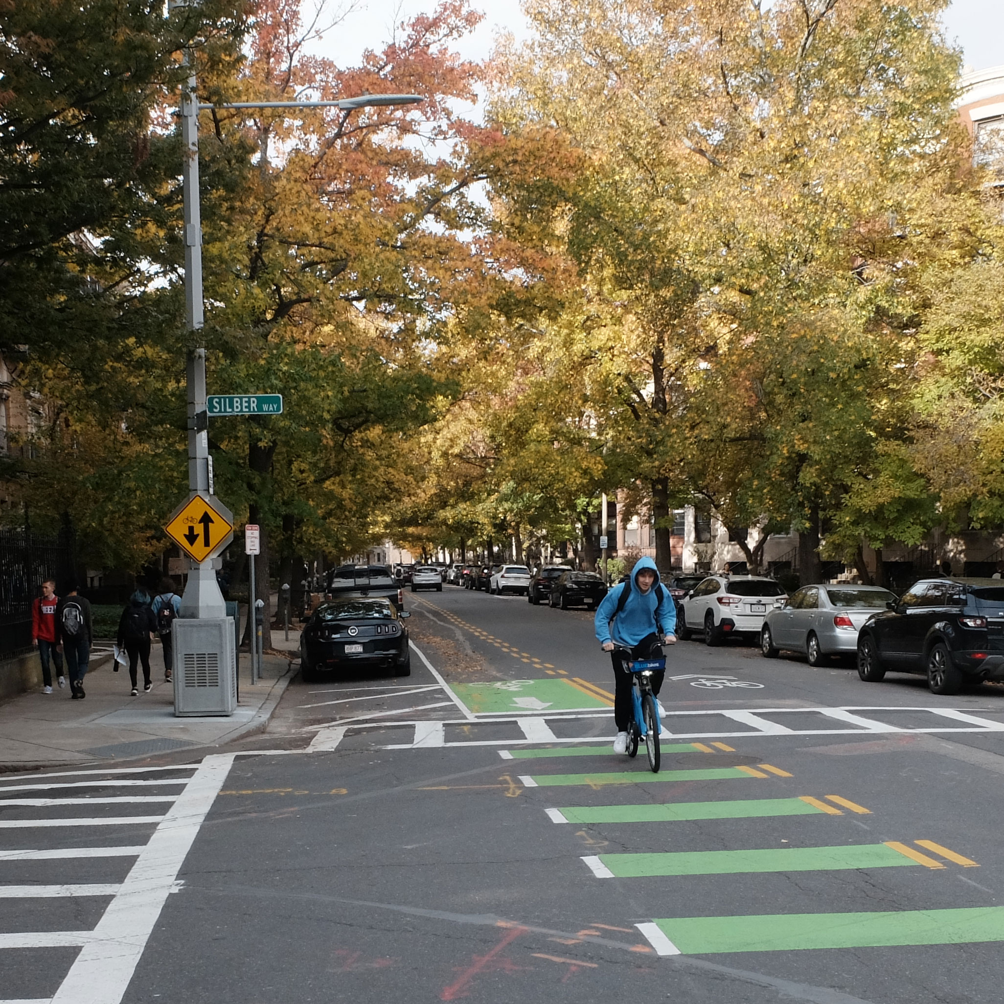 Photo showing a bicyclist using a contraflow bike lane on Bay State Road.