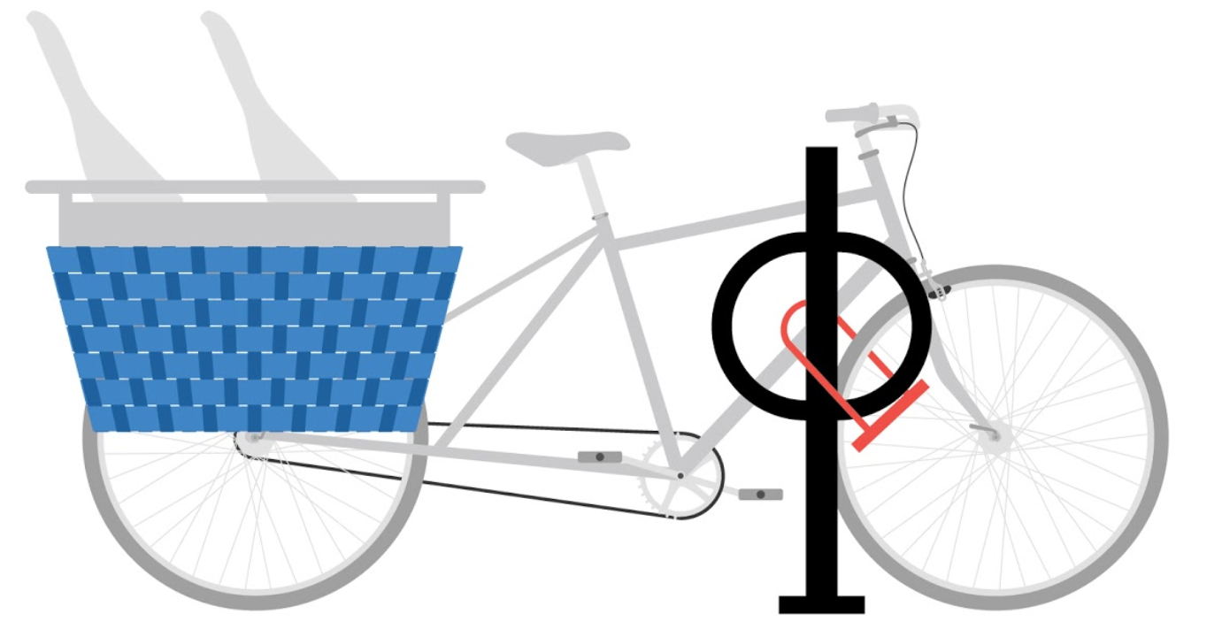 Cargo bike U-locked to a post-and-ring rack