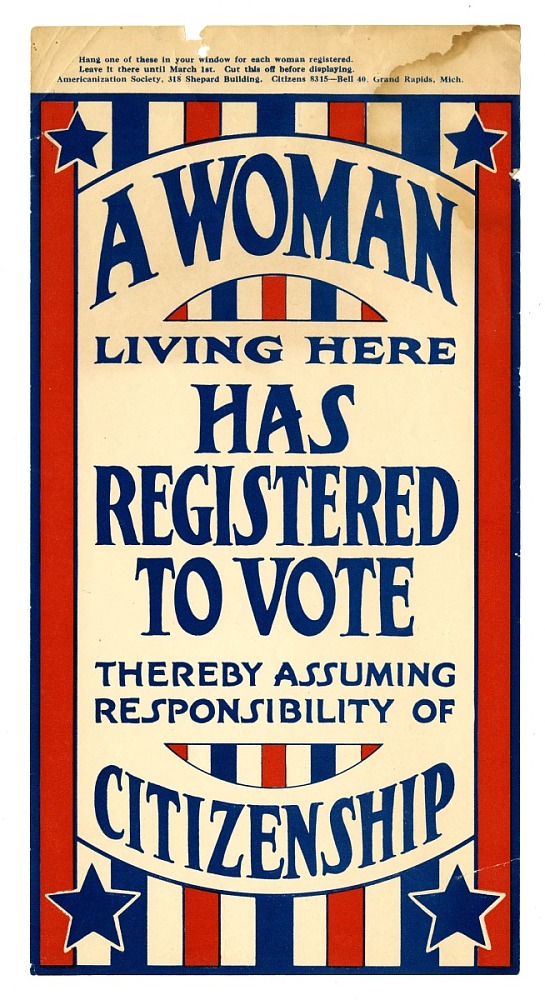 Sign, "A Woman Living Here Has Registered to Vote", 1919