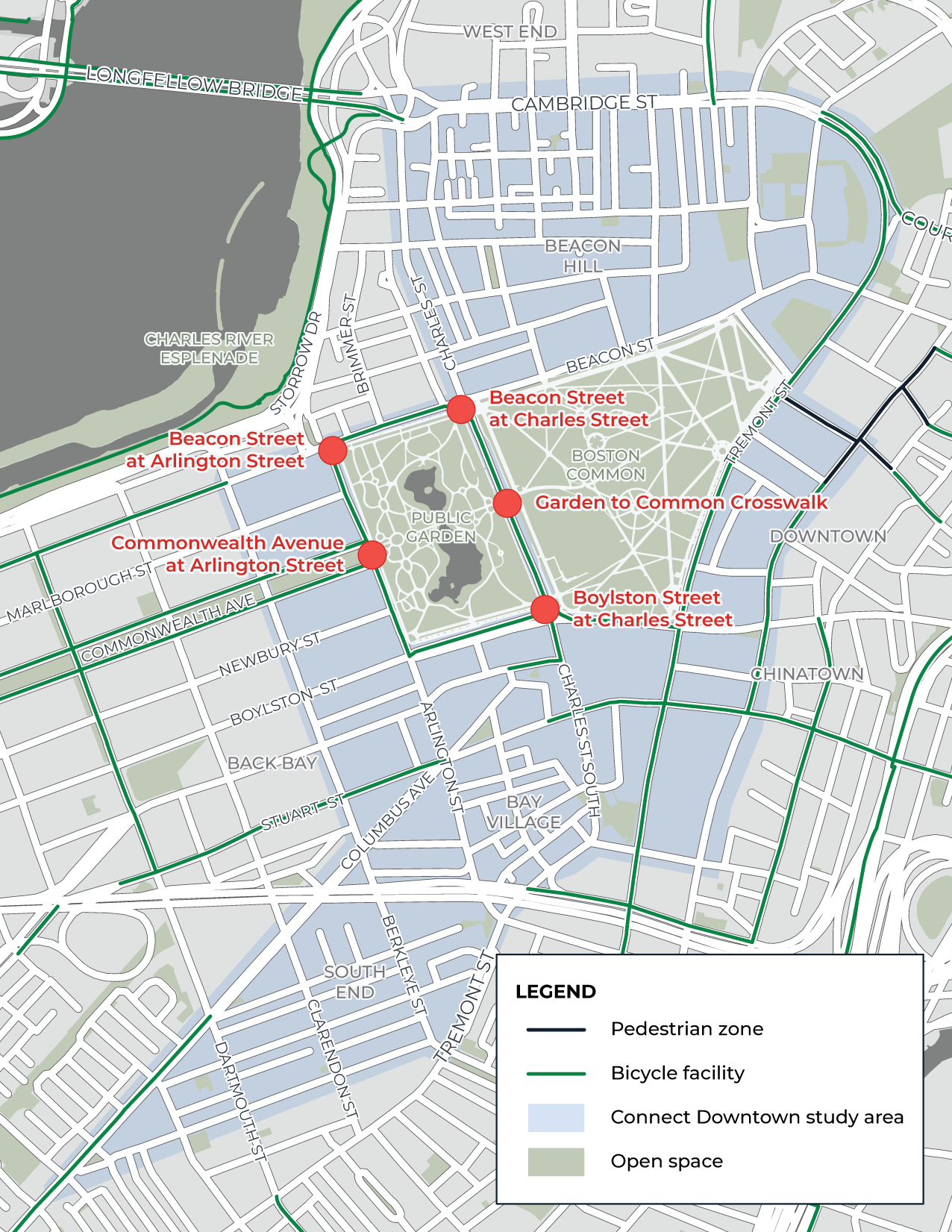 A map showing the location of the five intersections in the Public Garden Crossings phase of Connect Downtown.