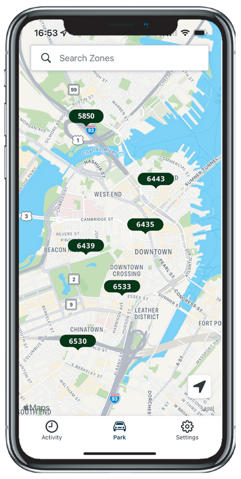 Screenshot of the new ParkBoston app