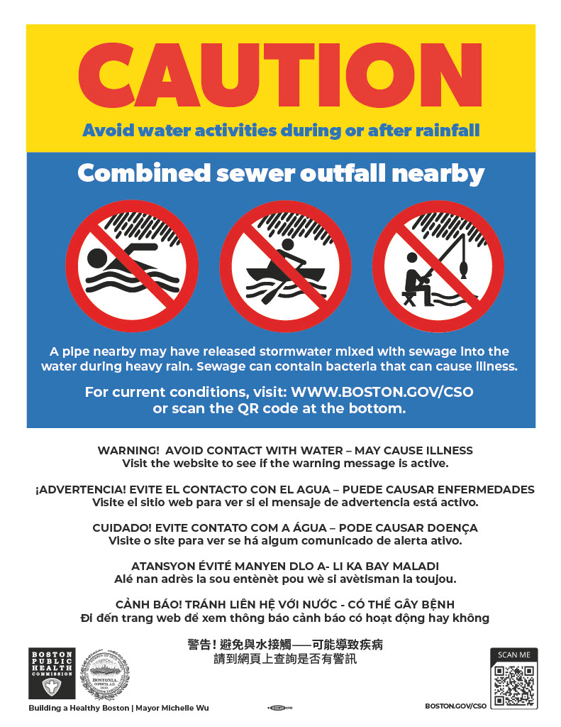 Caution: Avoid water activities during or after rainfall. Combined sewer outfall nearby. A pipe nearby may have released stormwater mixed with sewage into the water during heavy rain. Sewage can contain bacteria that can cause illness