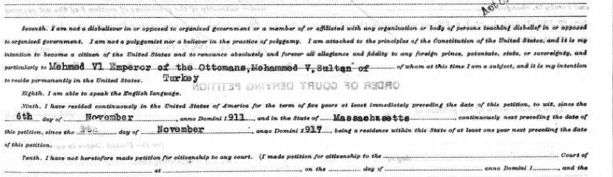 Excerpt from Matthew Najarian's 1917 Certificate of Naturalization