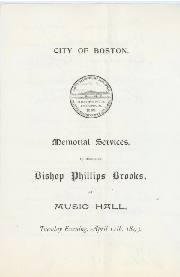 Program for Phillips Brooks Memorial Service, City Council Committee on Celebrations, Collection 0140.013           