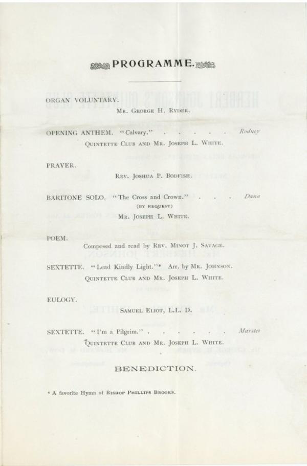 Program for Phillips Brooks Memorial Service, City Council Committee on Celebrations, Collection 0140.013           