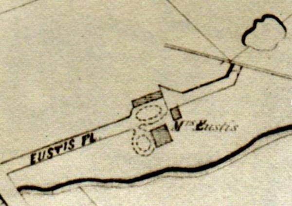 A pen and ink map of Shirley-Eustis Place in 1852 showing the stable to the north and the Shirley-Eustis House in the current location of 42-44 Shirley Street.