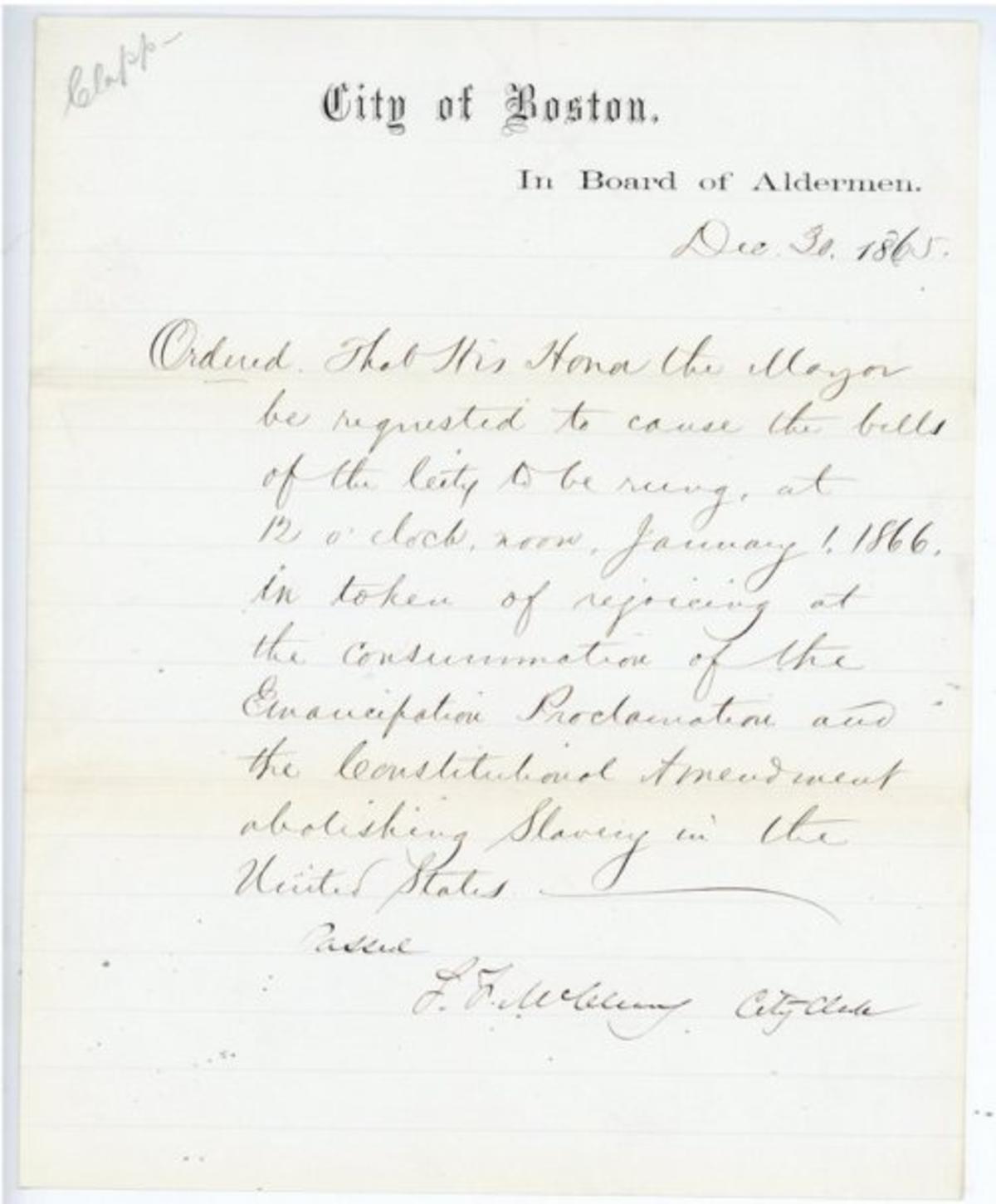 Order to ring bells in celebration of emancipation, 1865 December 30, Docket 1865-020-I, Proceedings of the City Council, Collection 0100.001