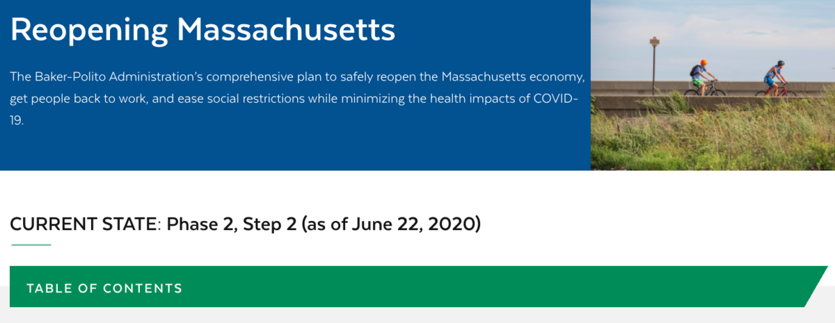 Image shows a screenshot from the "Reopening Massachusetts" website. Text says that the current state of reopening is Phase 2, Step 2.  
