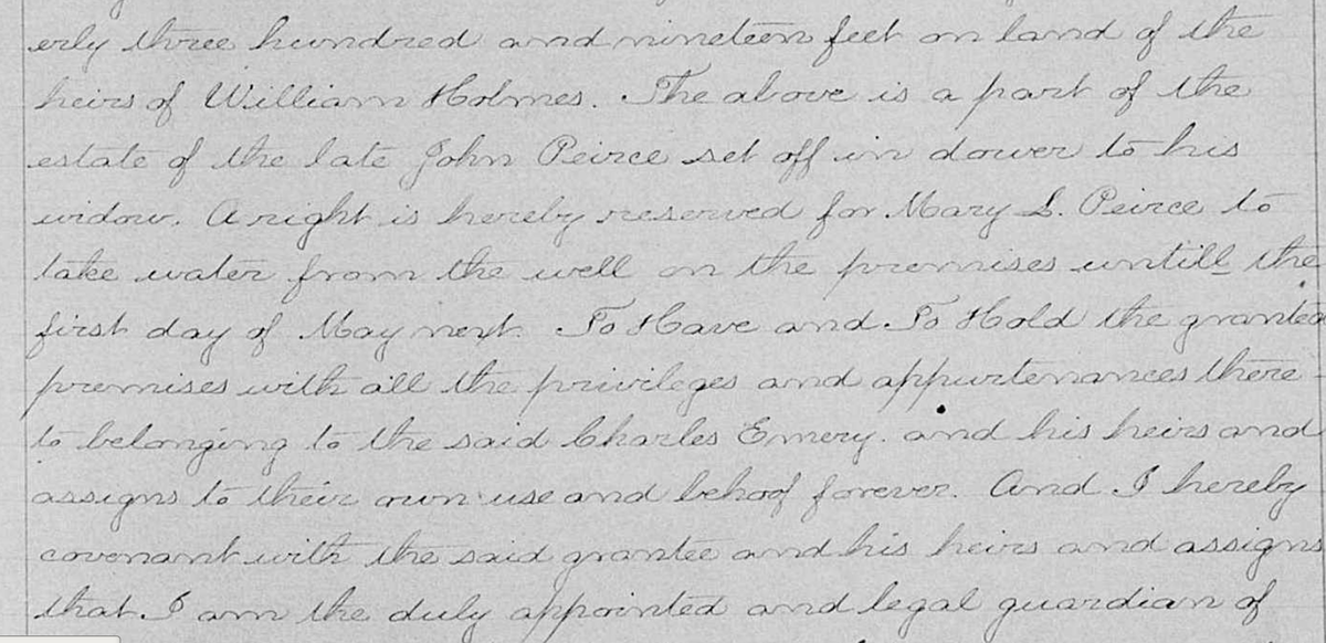 Portion of the deed of Captain Charles Emery’s land purchase discussing a well on the property.