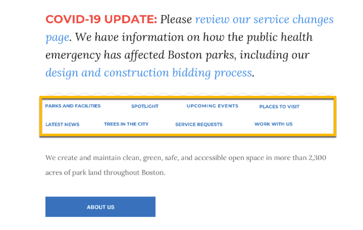 A redesigned layout of the links on the Parks Department homepage.