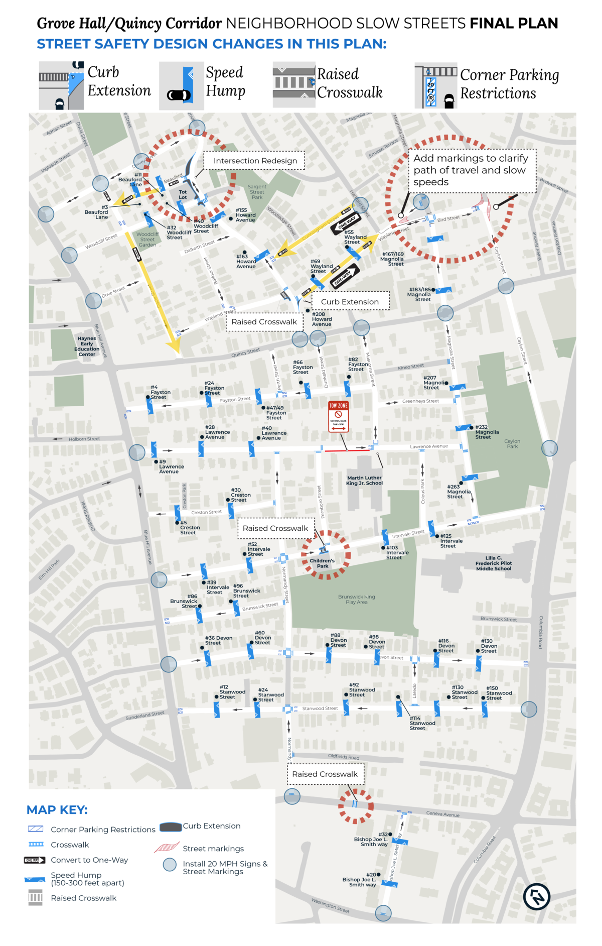 A map of the grove hall neighborhood slow streets zone that shows street design changes that will be installed