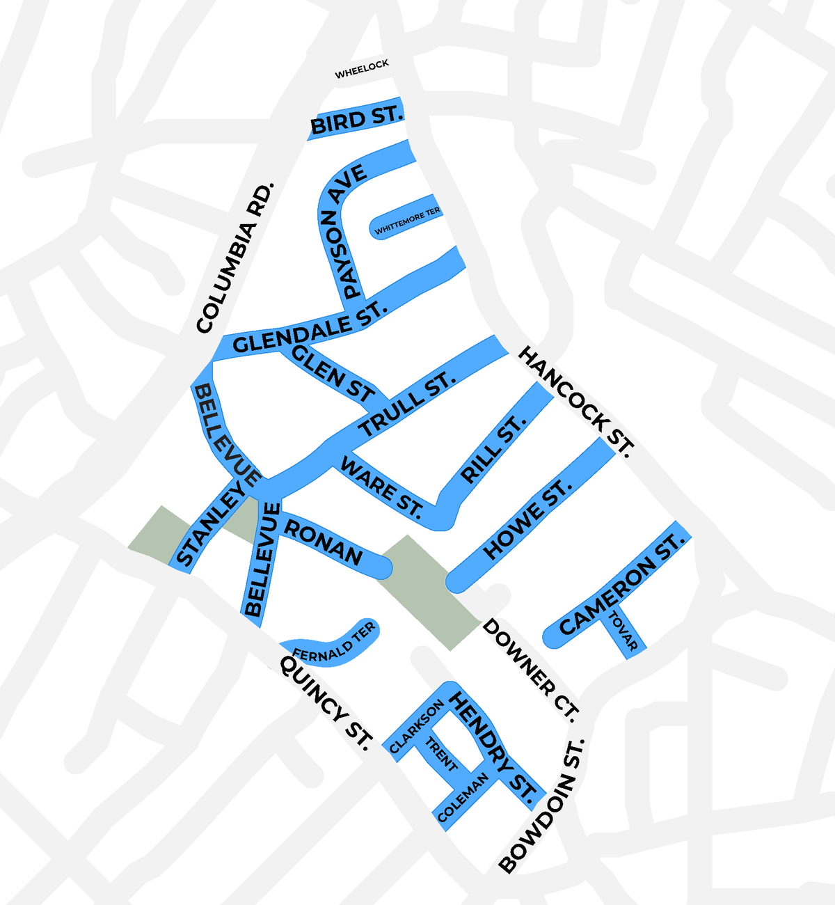 A map of the hancock street triangle neighborhood slow streets zone that shows street design changes that will be installed