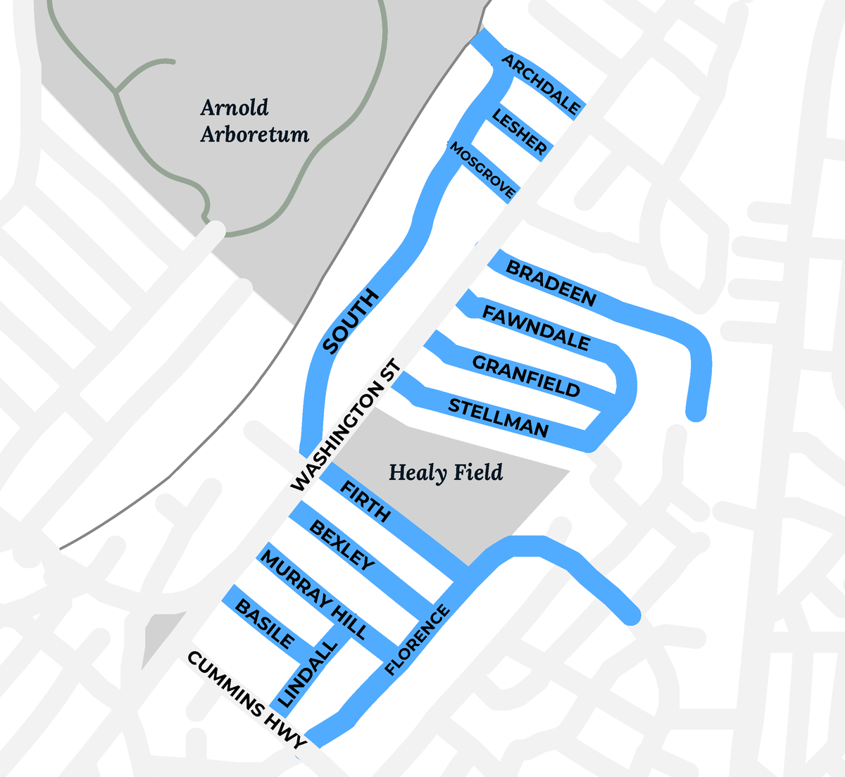 A map that shows all the streets within the Lower South Neighborhood Slow Streets zone 
