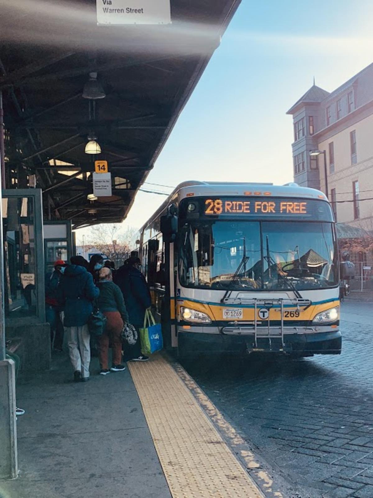Route 28 bus flashing 'Ride for Free'
