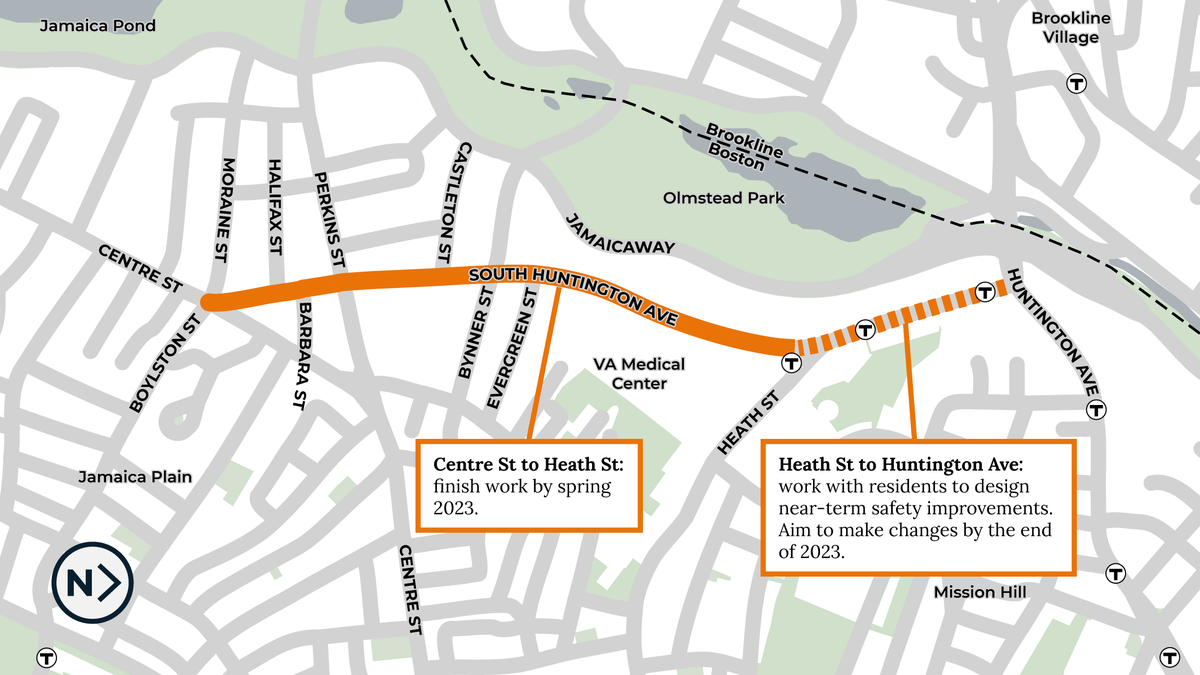 Map showing location and extent of South Huntington Ave better bike lane in Jamaica Plain and Mission Hill. One callout reads: Centre St to Heath St: finish work by spring 2023. Another callout reads:  Heath St to Huntington Ave: work with residents to design near-term safety improvements. Aim to make changes by the end of 2023.