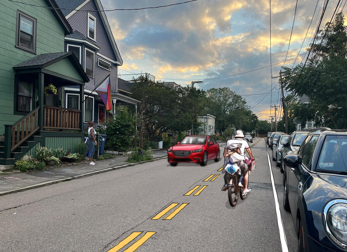 A computer-illustrated rendering shows McBride Street with a contraflow bike lane next to the parking lane. A person is riding a bike in the lane away from us while a driver is in the general travel lane heading toward us.
