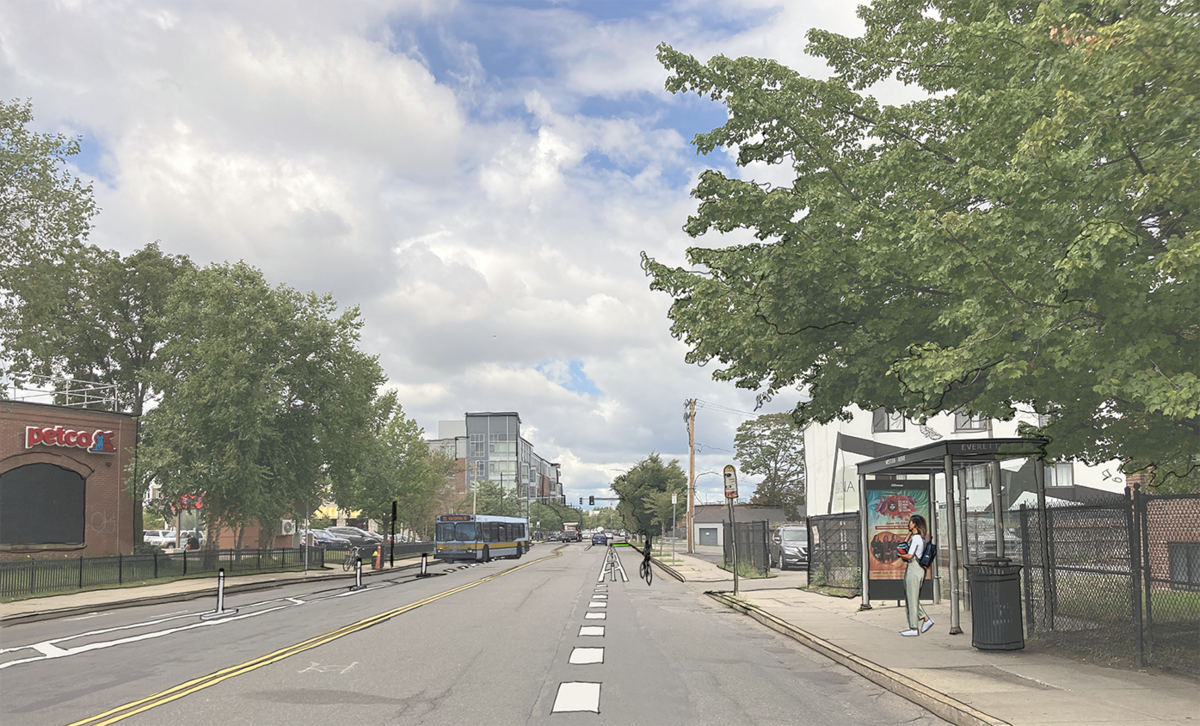 A computer-illustrated rendering shows Western Avenue with separated bike lanes in both directions and a bus stop in the foreground.