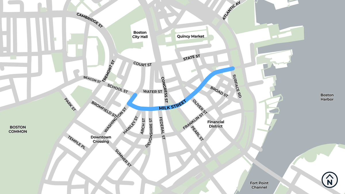 Map of Milk Street Better Bike Lane project area. It includes Milk Street from Washington Street to Surface Road and Washington Street from Milk Street to School Street.
