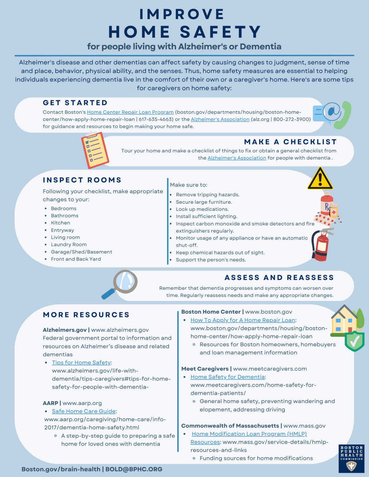 Infographic listing steps people with Alzheimer's or Dementia and their caregivers can take, and resources they can use to get help and additional information on how to keep their home safe.