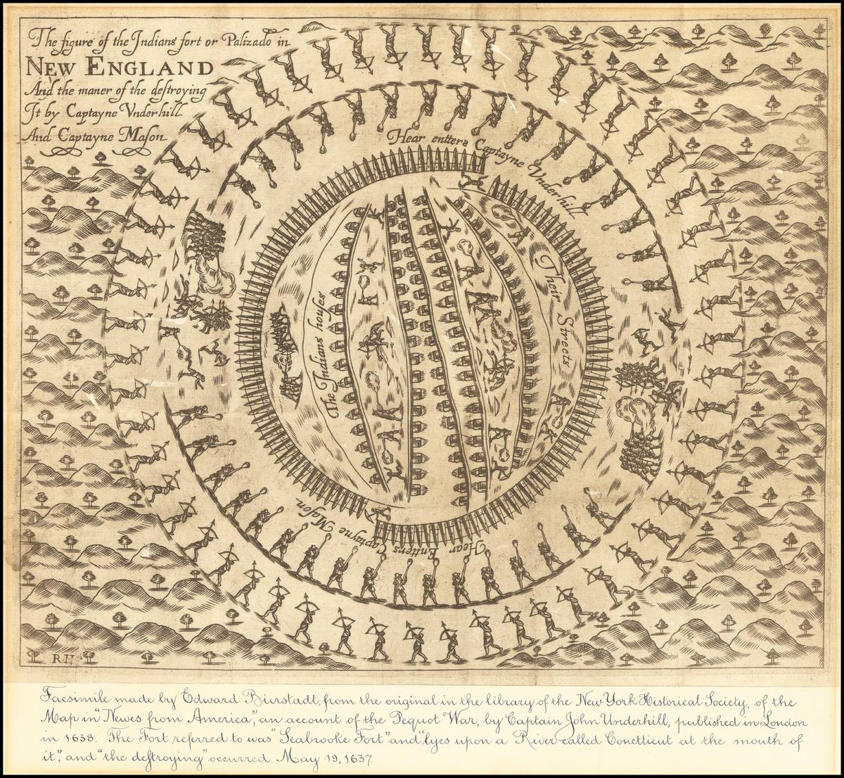 A 1638 etching of the Mystic Massacre showing a circular palisade surrounding the Native settlement and fighting between the inhabitants and English and Native attackers.