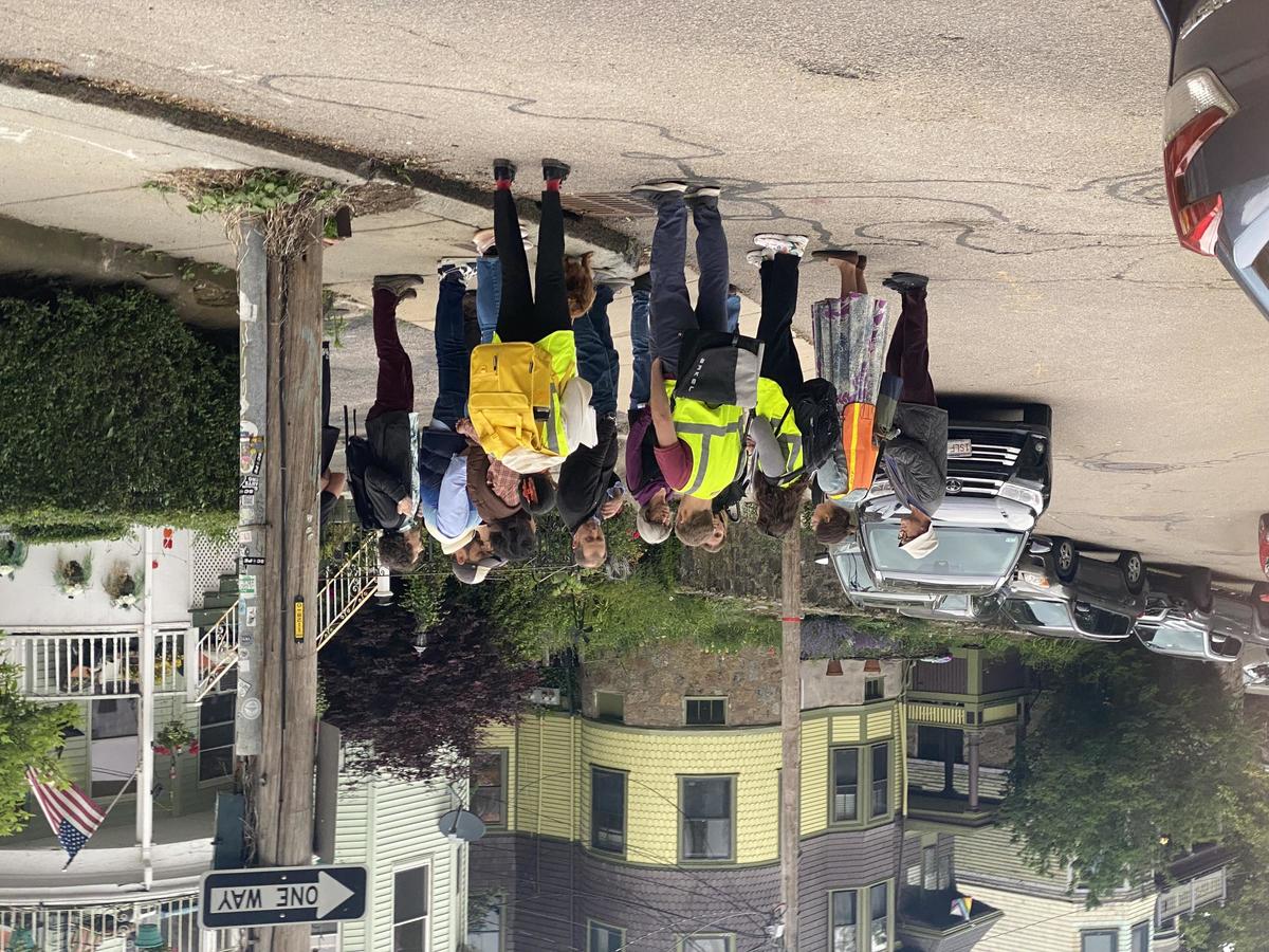 Residents circle around BTD planners and engineers to learn about changes coming to Boylston Street at the corner of Belmore Terrace.